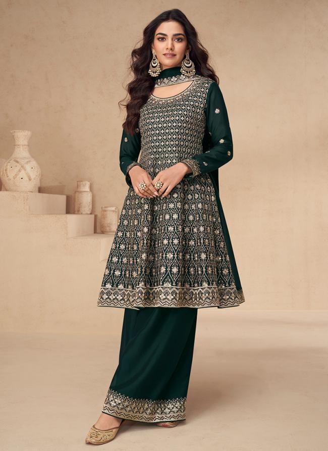 Chinnon Silk Green Wedding Wear Embroidery Work Readymade Anarkali Suit